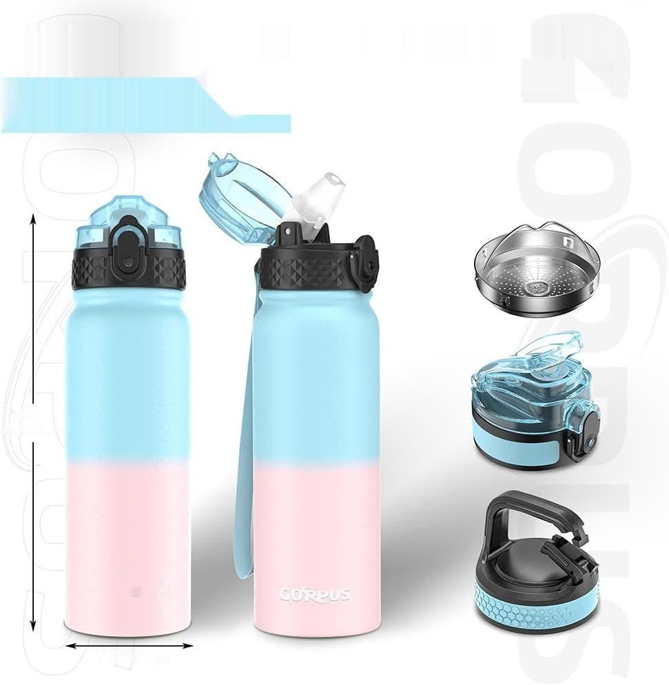 Goppus Butelka na wodę 600ml/20oz ze stali nierdzewnej, 3 nakrętki