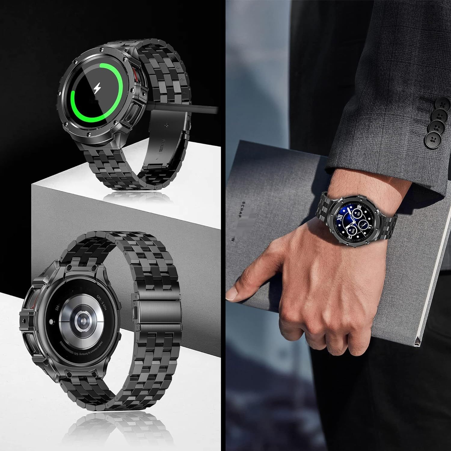 HASLFM Pasek 45mm dla Samsung Galaxy Watch 5 Pro, stal nierdzewna, czarny.