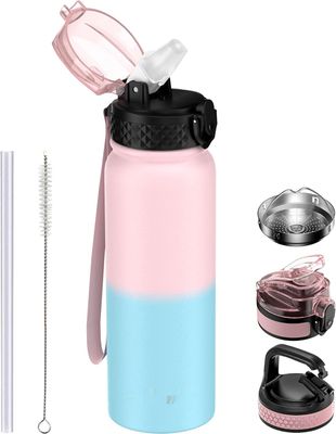Goppus Butelka 600 ml/20 oz ze stali nierdzewnej z rurką, 3 pokrywki