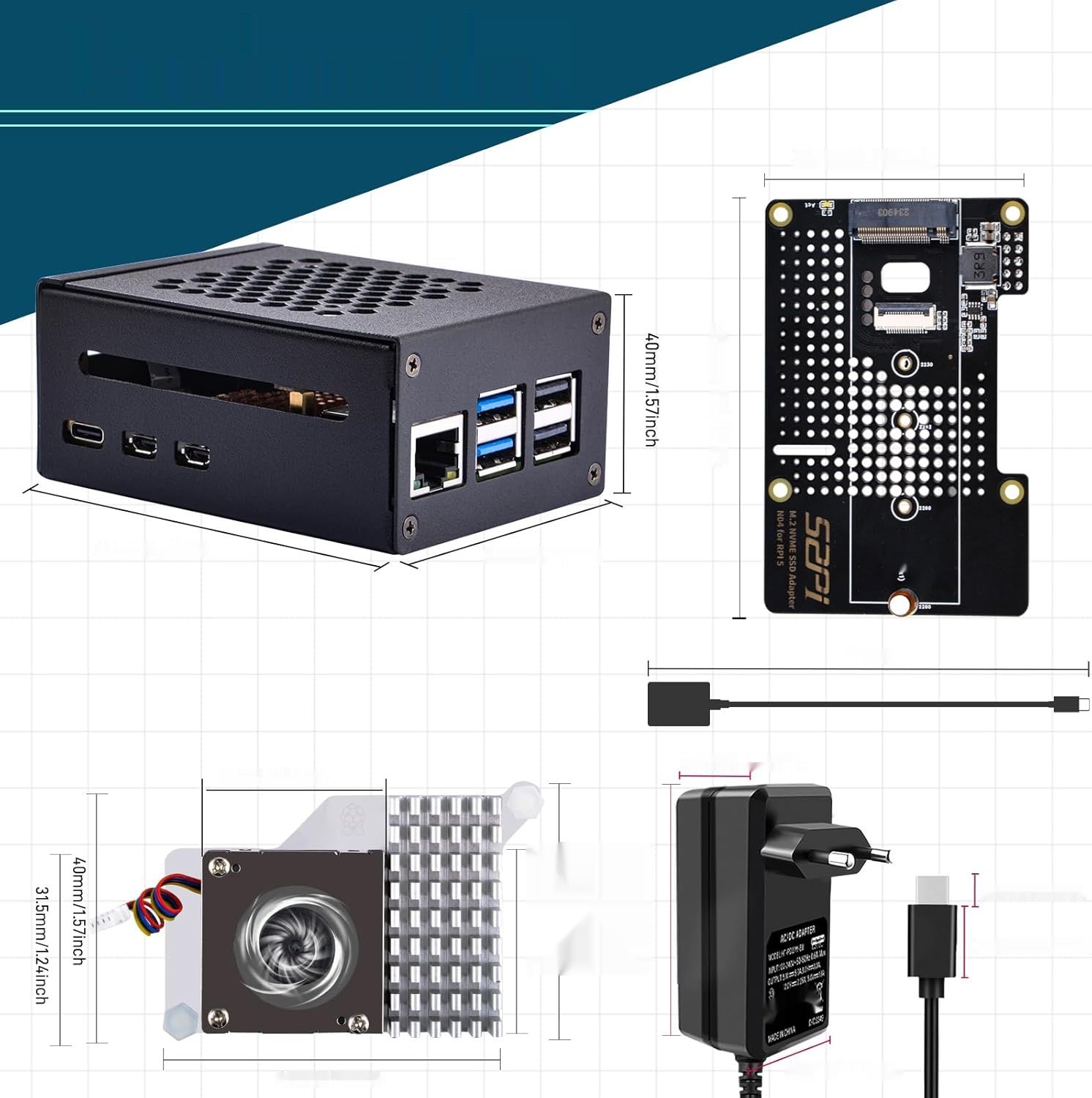 GeeekPi Zestaw Startowy dla Raspberry Pi 5 8GB z M.2 NVMe SSD i akcesoriami
