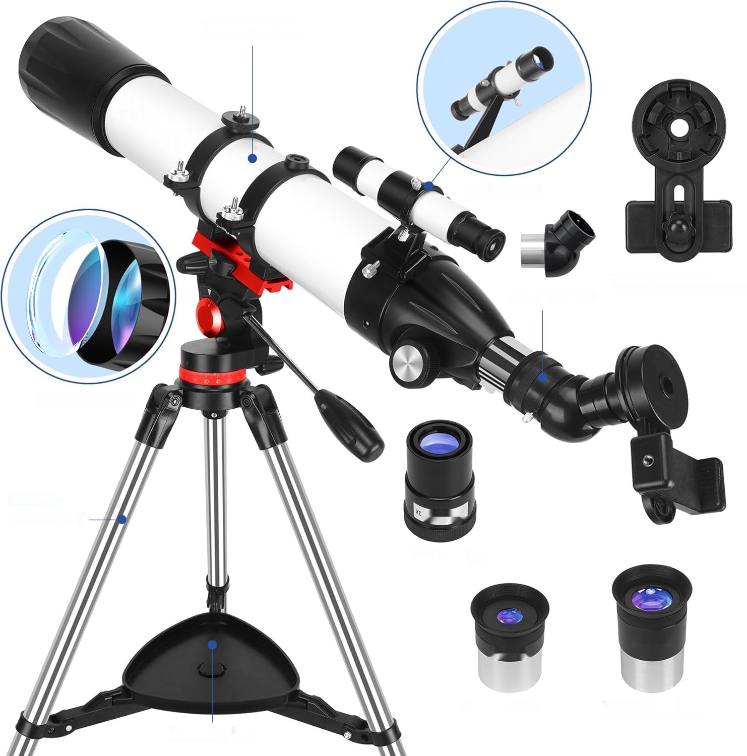 MEEZAA Teleskop 90 mm apertura, 800 mm, montaż AZ, refraktor dla początkujących