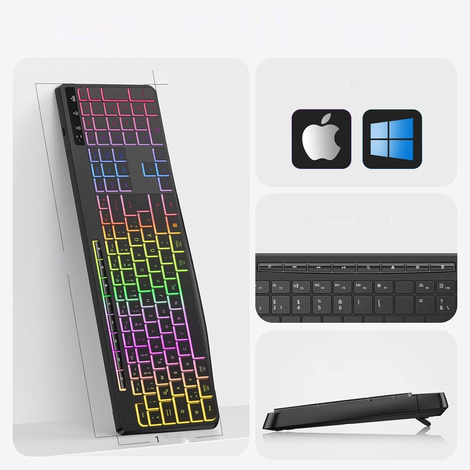 TECURS Bezprzewodowa Klawiatura do Gier - Model QWERTZ, LED, czarna