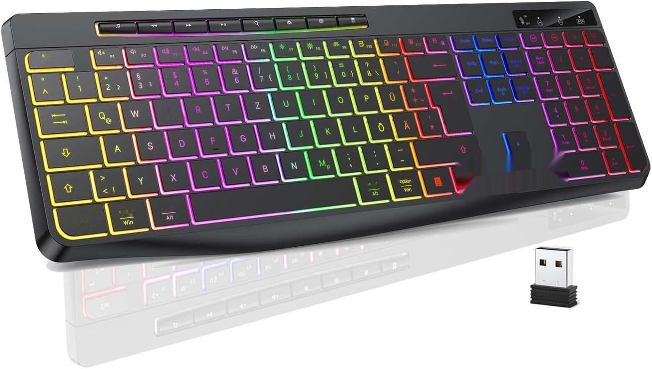 TECURS Bezprzewodowa Klawiatura do Gier - Model QWERTZ, LED, czarna