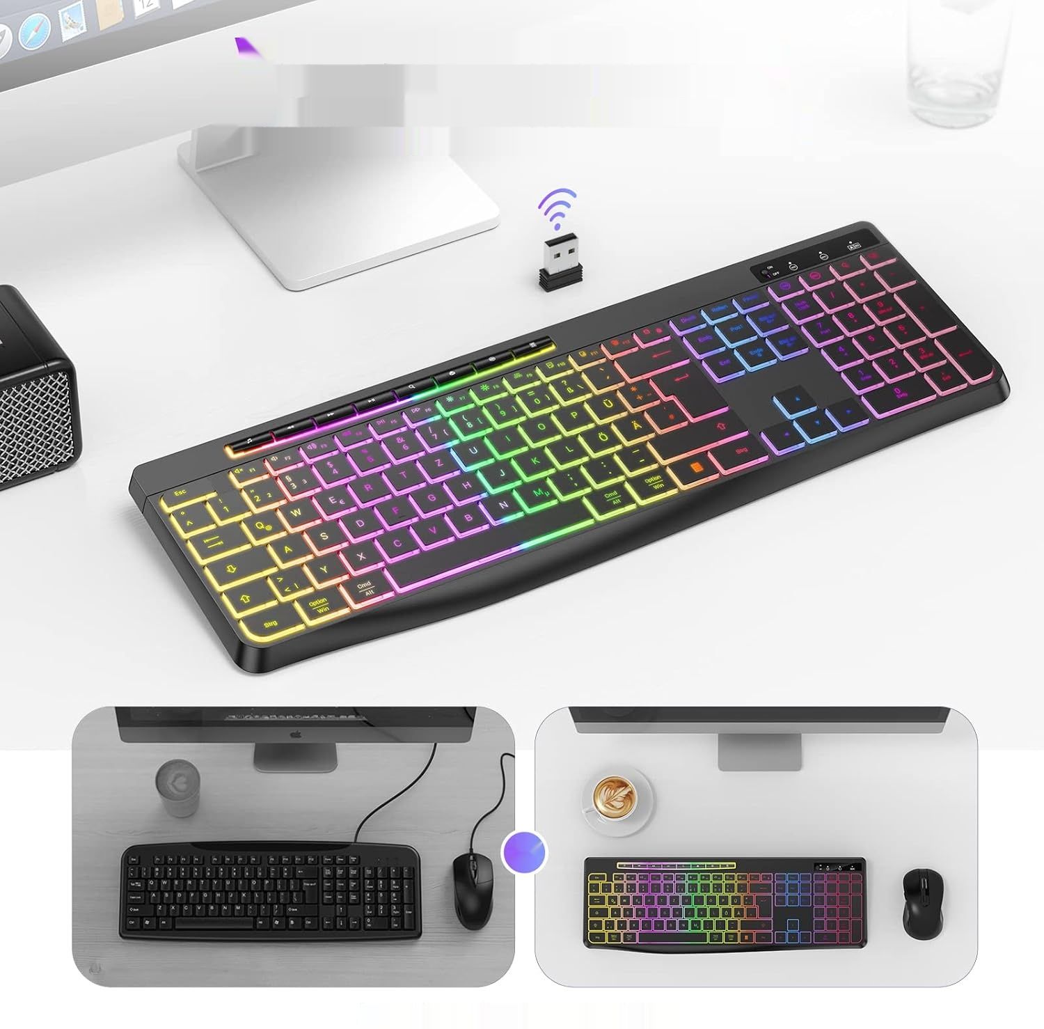 TECURS Bezprzewodowa Klawiatura do Gier - Model QWERTZ, LED, czarna