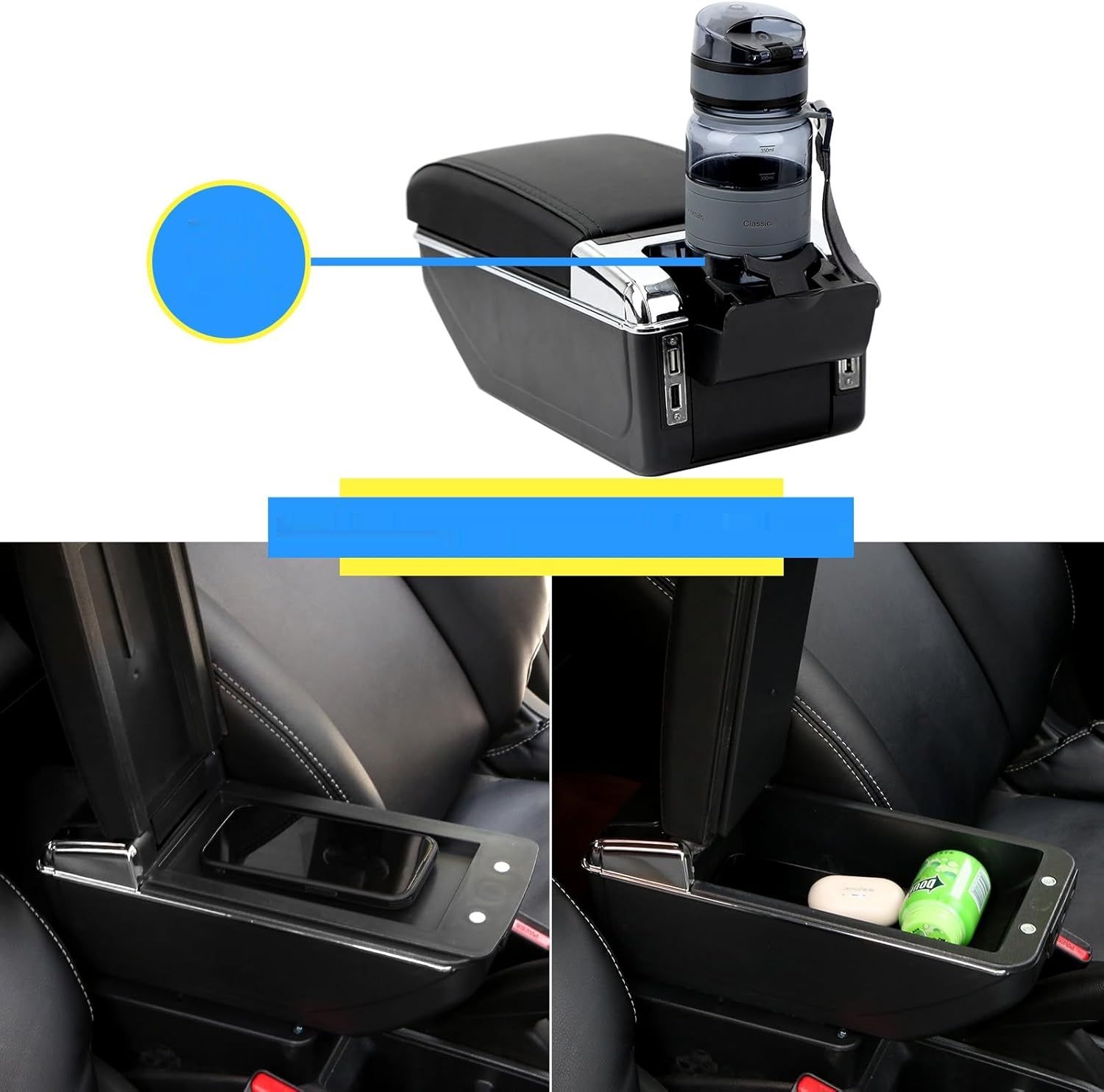 YJYWZH Peugeot 208 Podłokietnik 2013-2018 konsola dwuwarstwowa z uchwytami