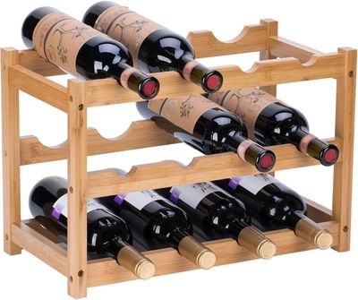YunNasi Stojak na Wino YNW-312, bambusowy na 12 butelek, 3 poziomy.