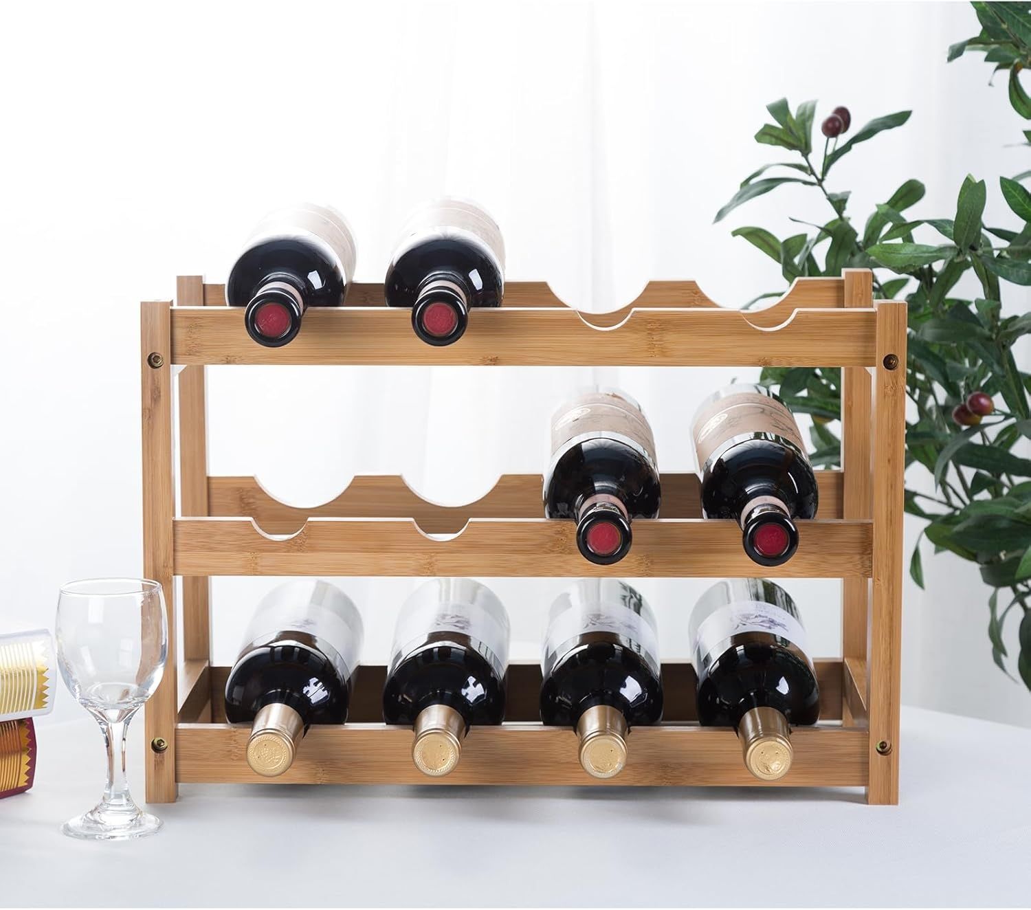 YunNasi Stojak na Wino YNW-312, bambusowy na 12 butelek, 3 poziomy.