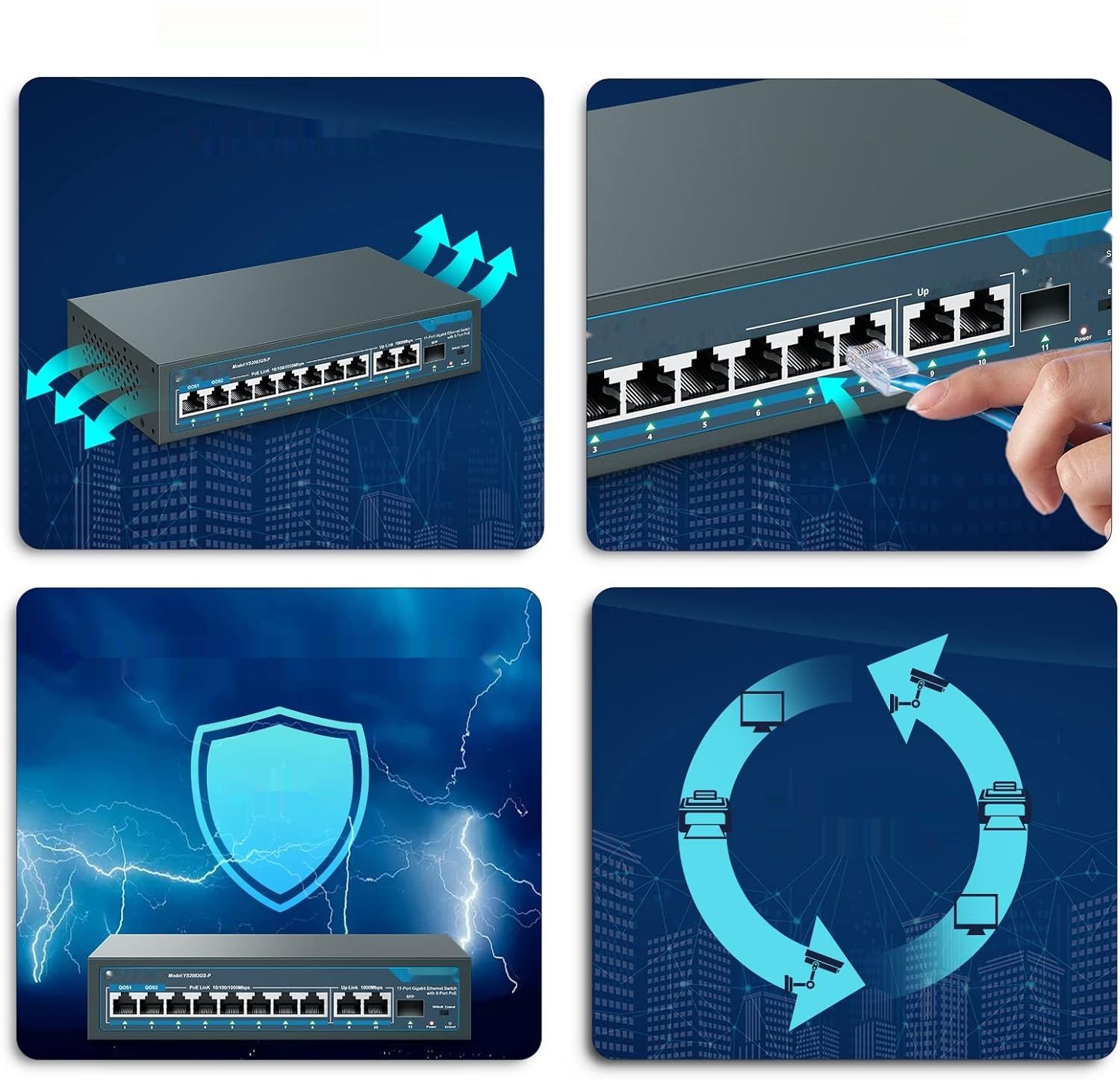YuanLey 11-portowy gigabitowy przełącznik PoE Qos niezarządzalny Plug and Play.