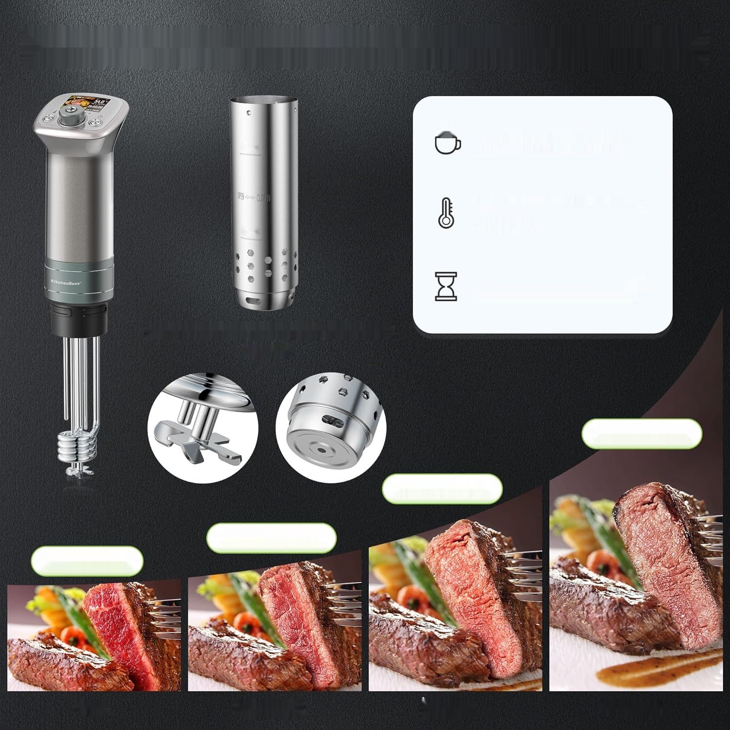 KitchenBoss WiFi Sous Vide Urządzenie IPX7, 40℃-90℃, TFT, 1100