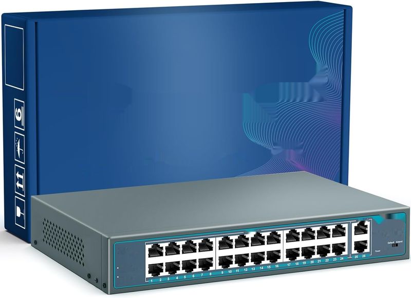 YuanLey 26-portowy przełącznik PoE, 24 porty PoE+ 100 Mbps, 2 uplink, 400 W
