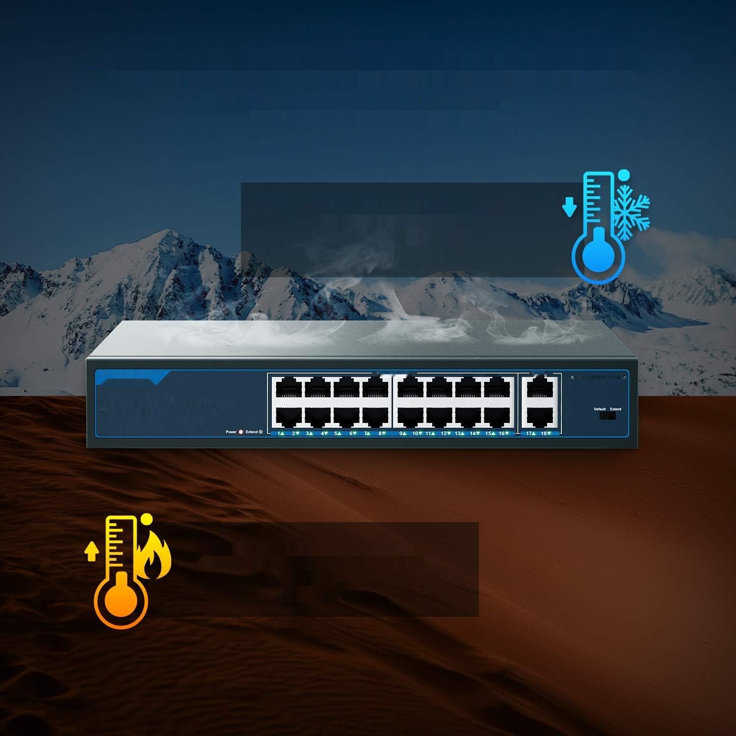 YuanLey 18-portowy przełącznik PoE, 16 PoE+1000 Mbps, 2 uplink, 250W, Plug&amp;Play