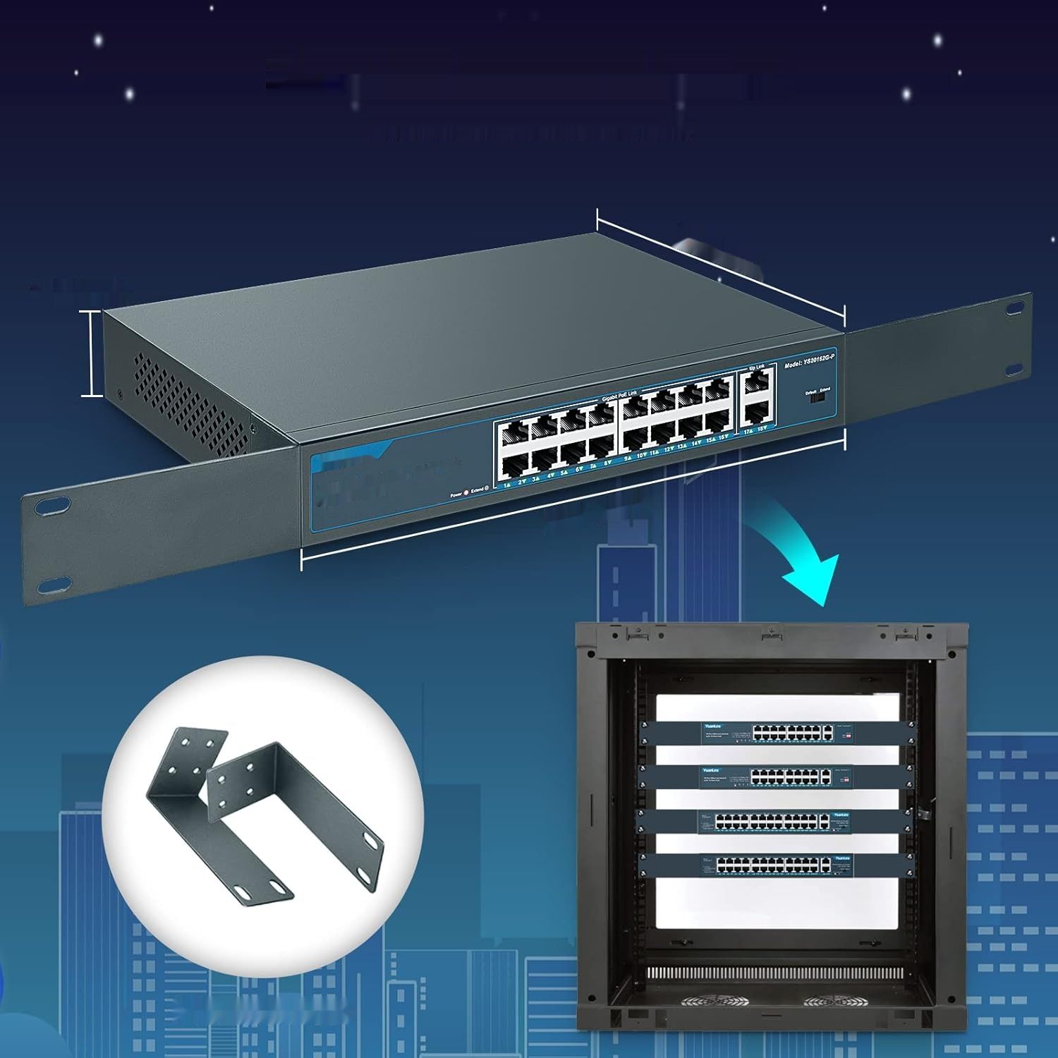 YuanLey 18-portowy przełącznik PoE, 16 PoE+1000 Mbps, 2 uplink, 250W, Plug&amp;Play