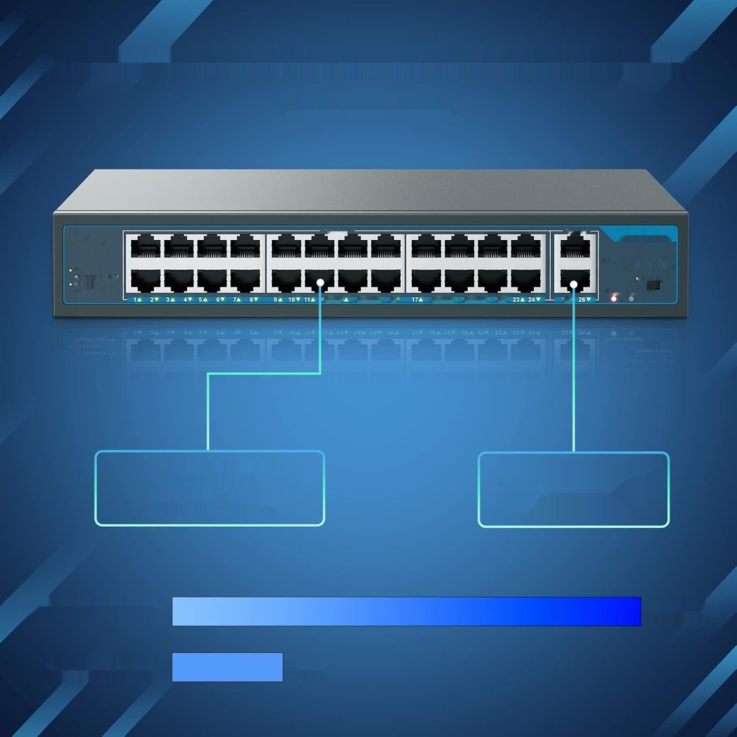 YuanLey 26-portowy przełącznik PoE, 24 porty PoE+ 100 Mbps, 2 uplink, 400 W