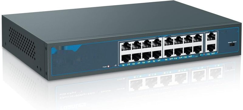 YuanLey 18-portowy przełącznik PoE, 16 PoE+1000 Mbps, 2 uplink, 250W, Plug&amp;Play