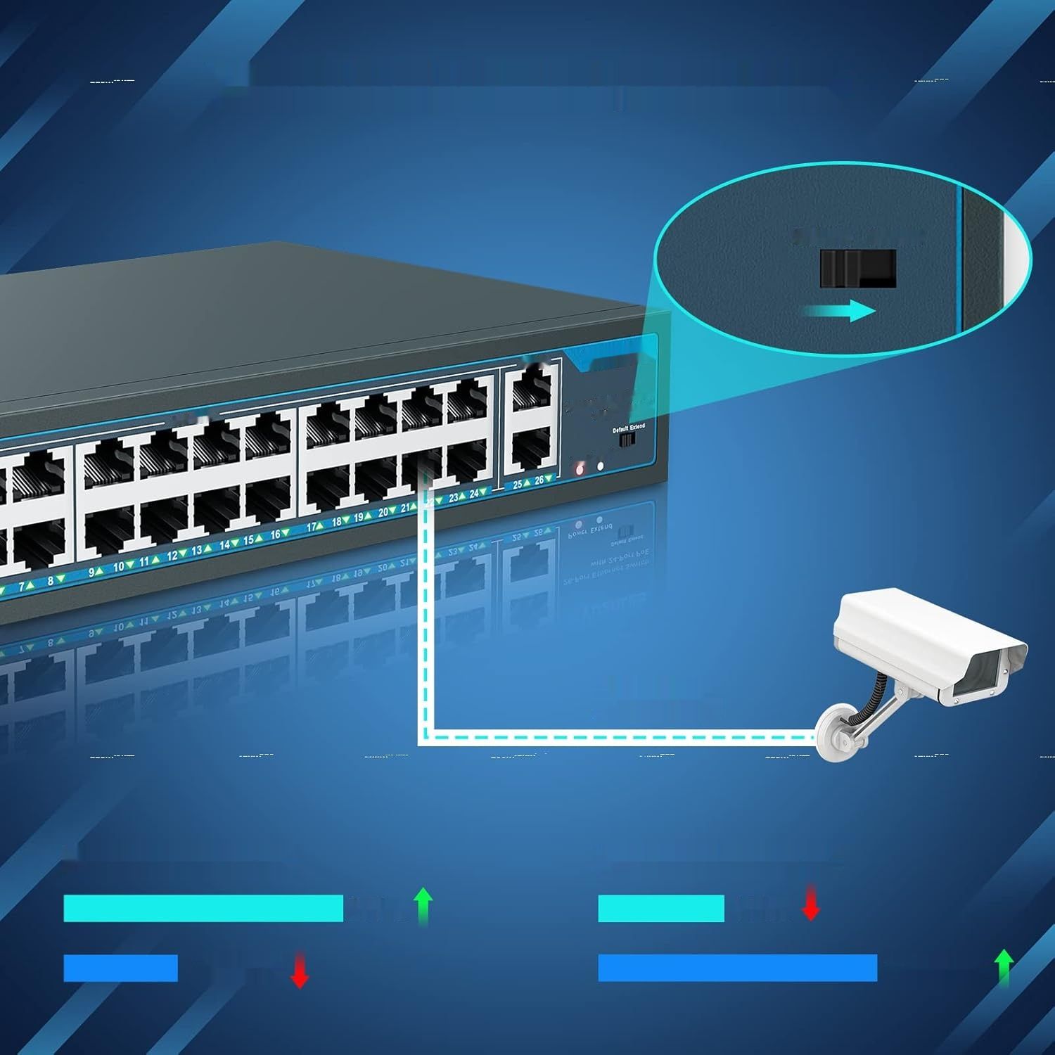 YuanLey 26-portowy przełącznik PoE, 24 porty PoE+ 100 Mbps, 2 uplink, 400 W