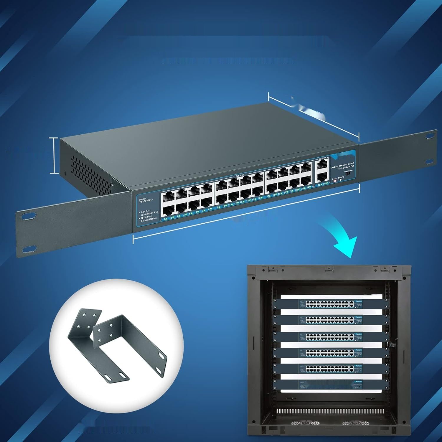 YuanLey 26-portowy przełącznik PoE, 24 porty PoE+ 100 Mbps, 2 uplink, 400 W