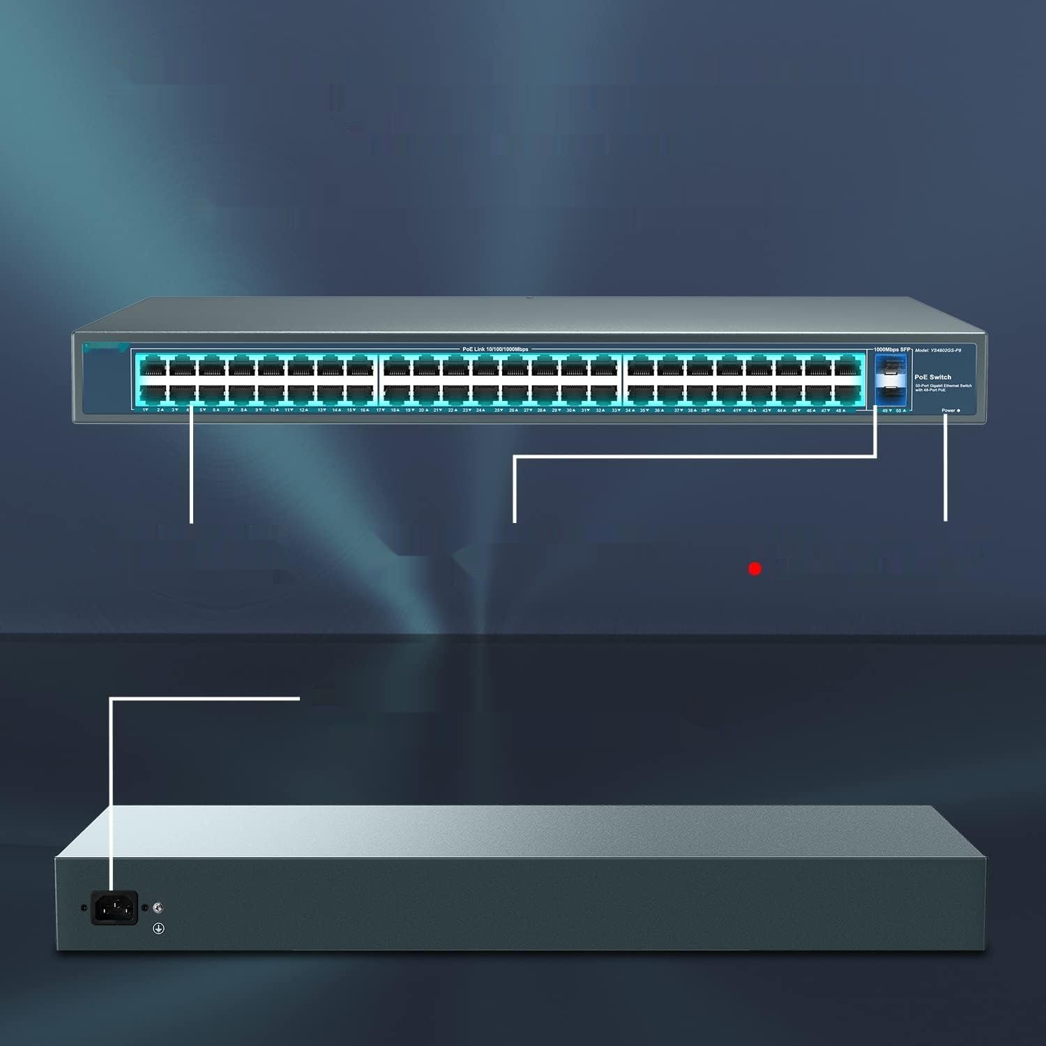 YuanLey 48-Portowy Gigabitowy Przełącznik PoE, 50-Portowy 802.3af/at 800W