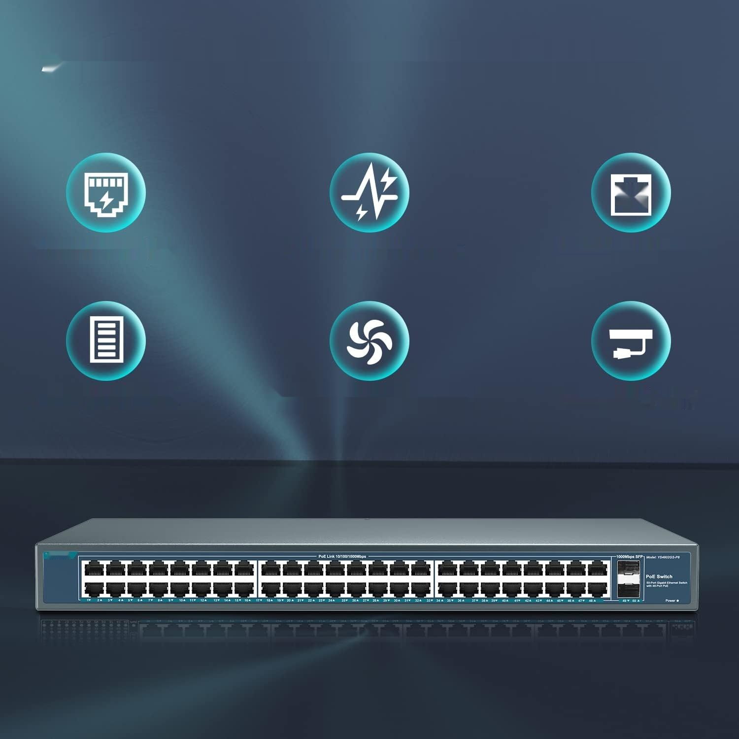 YuanLey 48-Portowy Gigabitowy Przełącznik PoE, 50-Portowy 802.3af/at 800W
