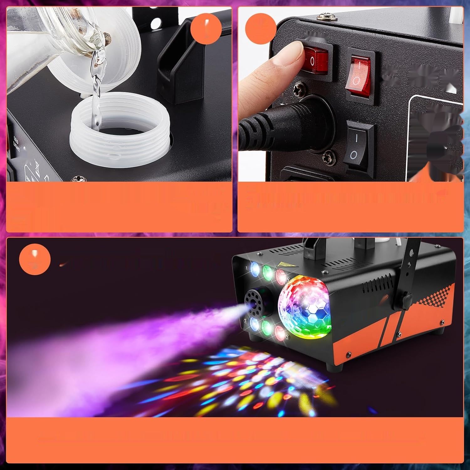 Maszyna do dymu HAKUTA 600 W z kulą dyskotekową LED RGB, sprysk 2300 CFM.