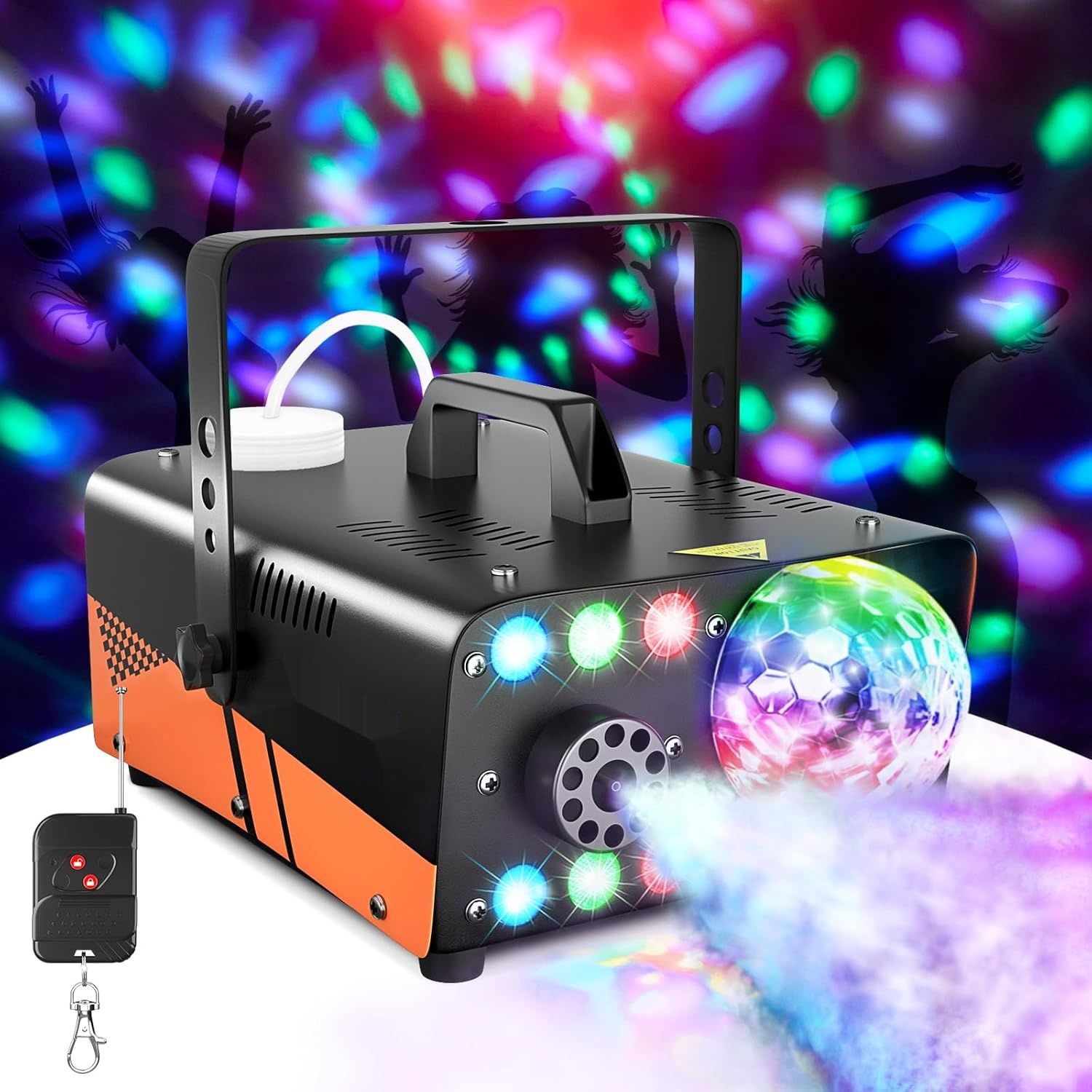 Maszyna do dymu HAKUTA 600 W z kulą dyskotekową LED RGB, sprysk 2300 CFM.