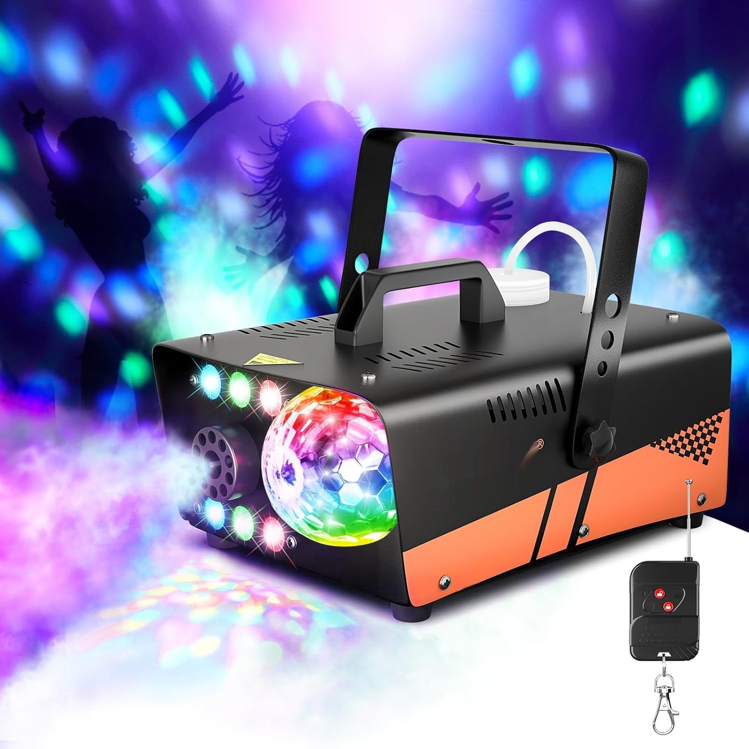Maszyna do dymu HAKUTA 600 W z kulą dyskotekową LED RGB, sprysk 2300 CFM.