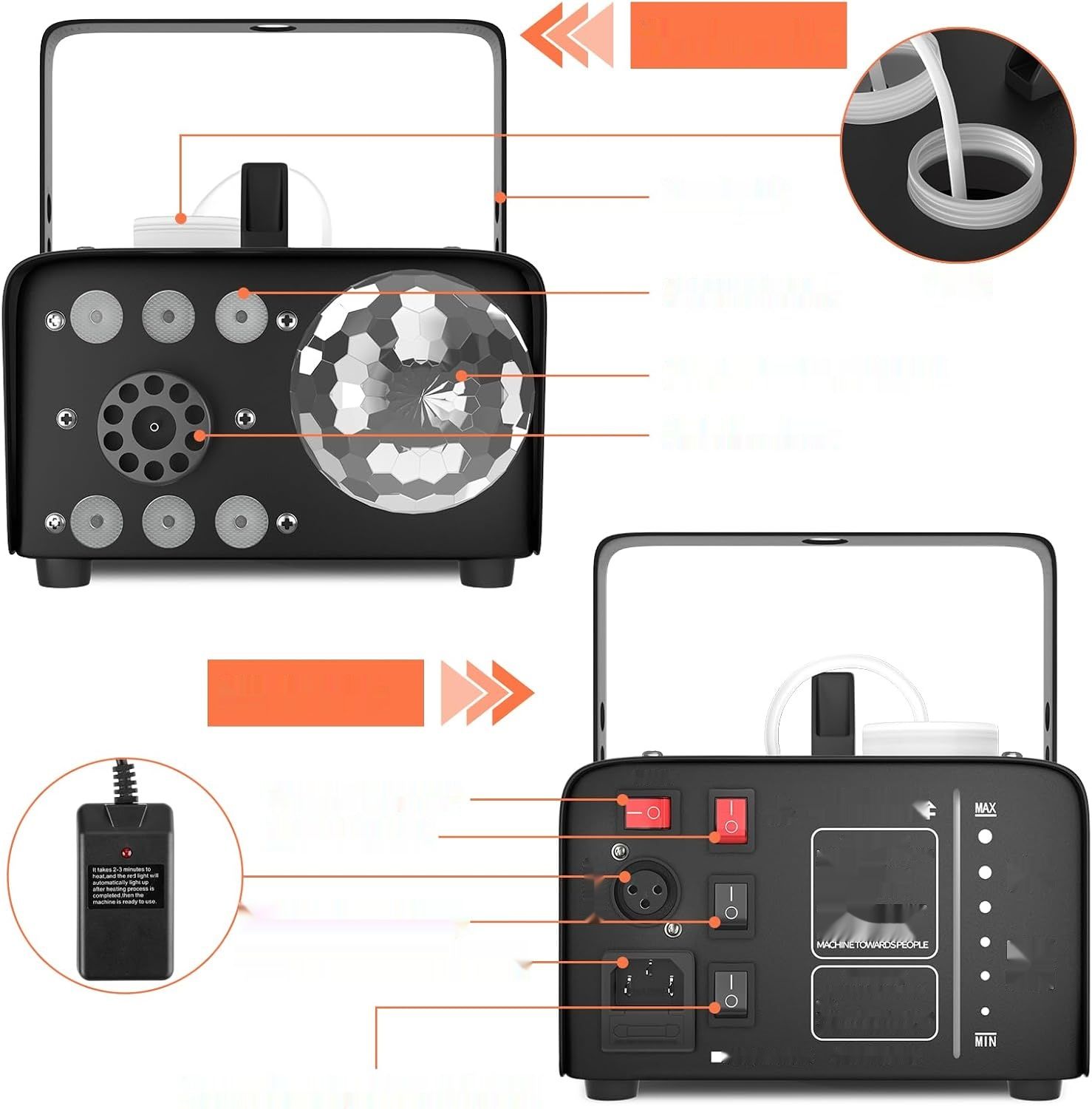 Maszyna do dymu HAKUTA 600 W z kulą dyskotekową LED RGB, sprysk 2300 CFM.