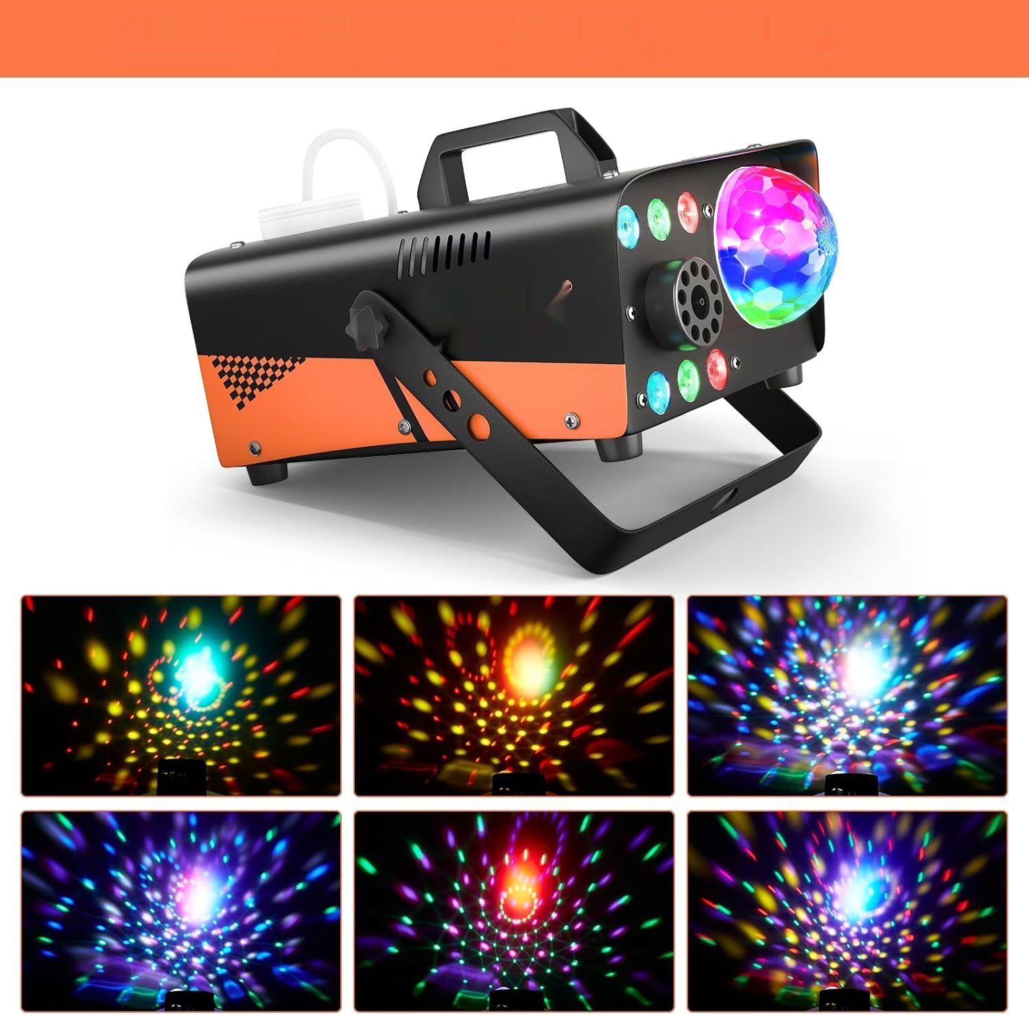 Maszyna do dymu HAKUTA 600 W z kulą dyskotekową LED RGB, sprysk 2300 CFM.