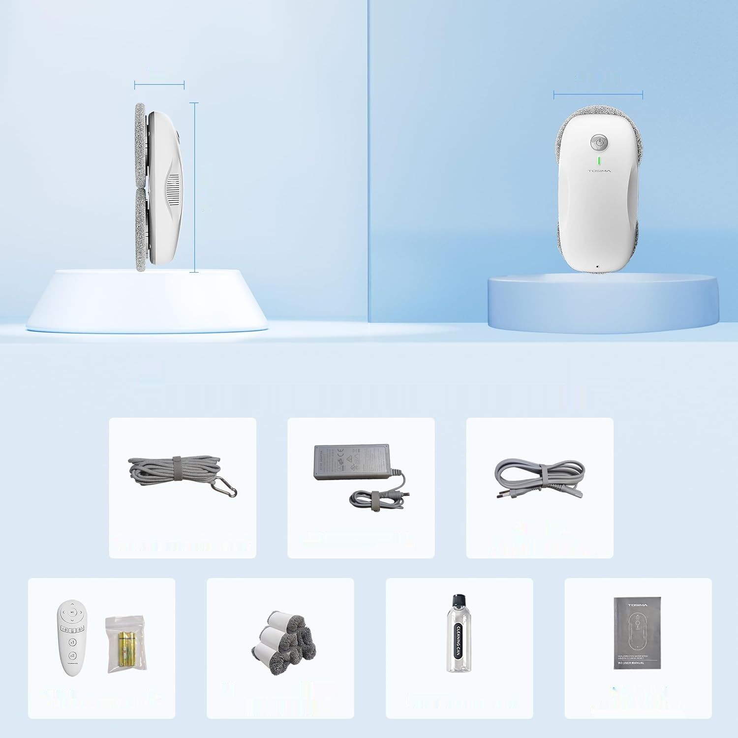 Tosima W2 Blanc Robot Myjący do Szyb Automatyczny, 3800pa, Pilot, 12 Ściereczek