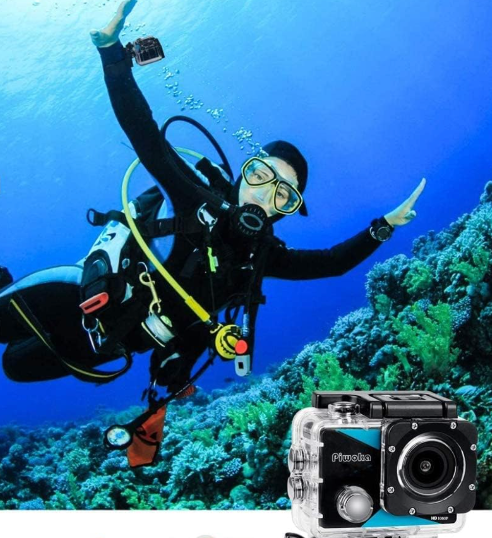 Jadfezy Action Cam FHD 1080p / 12 MP, kamera podwodna, wodoszczelna do 30 m, szerokokątna kamera sportowa 140°, akumulator 900 mAh i zestaw akcesoriów