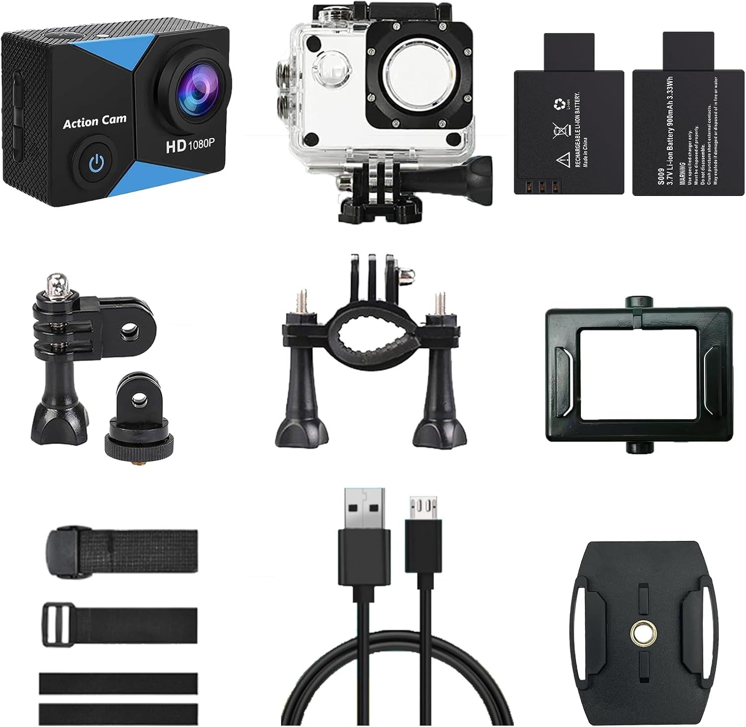 Jadfezy Action Cam FHD 1080p / 12 MP, kamera podwodna, wodoszczelna do 30 m, szerokokątna kamera sportowa 140°, akumulator 900 mAh i zestaw akcesoriów