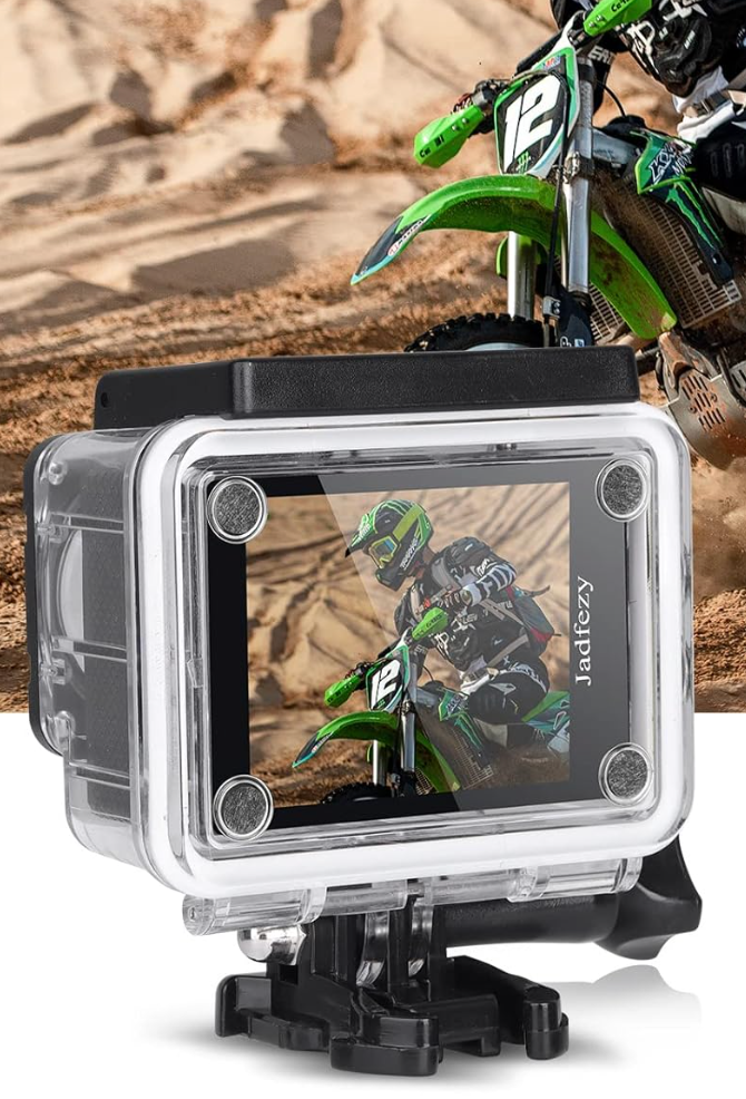 Jadfezy Action Cam FHD 1080p / 12 MP, kamera podwodna, wodoszczelna do 30 m, szerokokątna kamera sportowa 140°, akumulator 900 mAh i zestaw akcesoriów