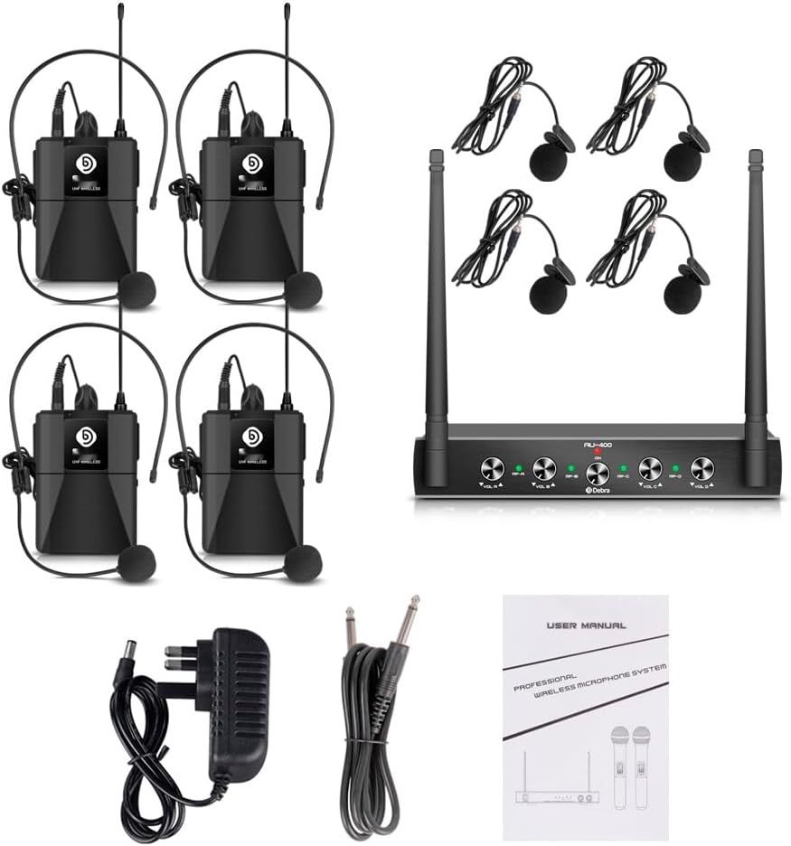 Debra Audio Pro System UHF 4-kanałowy, mikrofony, odbiornik, 4 nadajniki.
