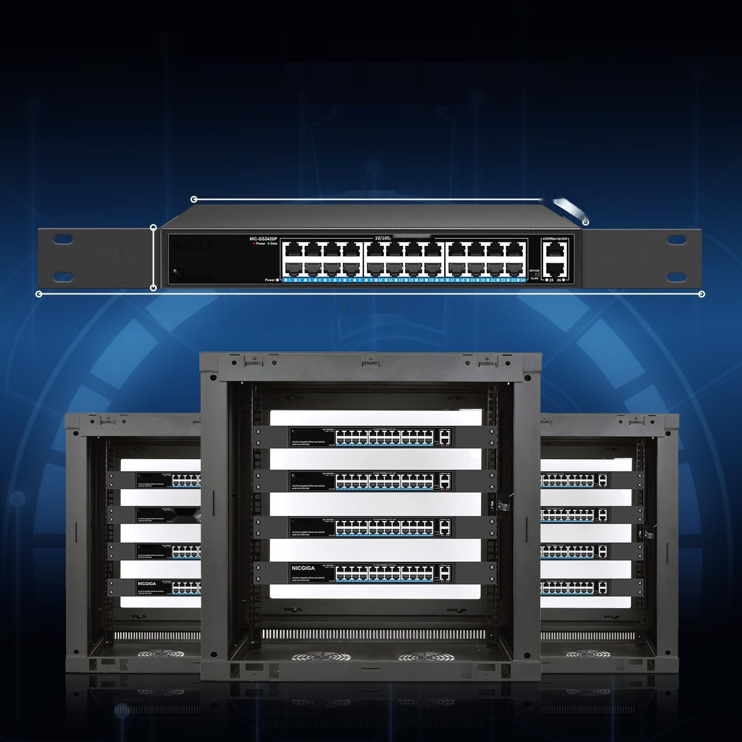 24-portowy NICGIGA przełącznik PoE, 24 PoE+320W, 2 Uplink, VLAN, 48,3cm