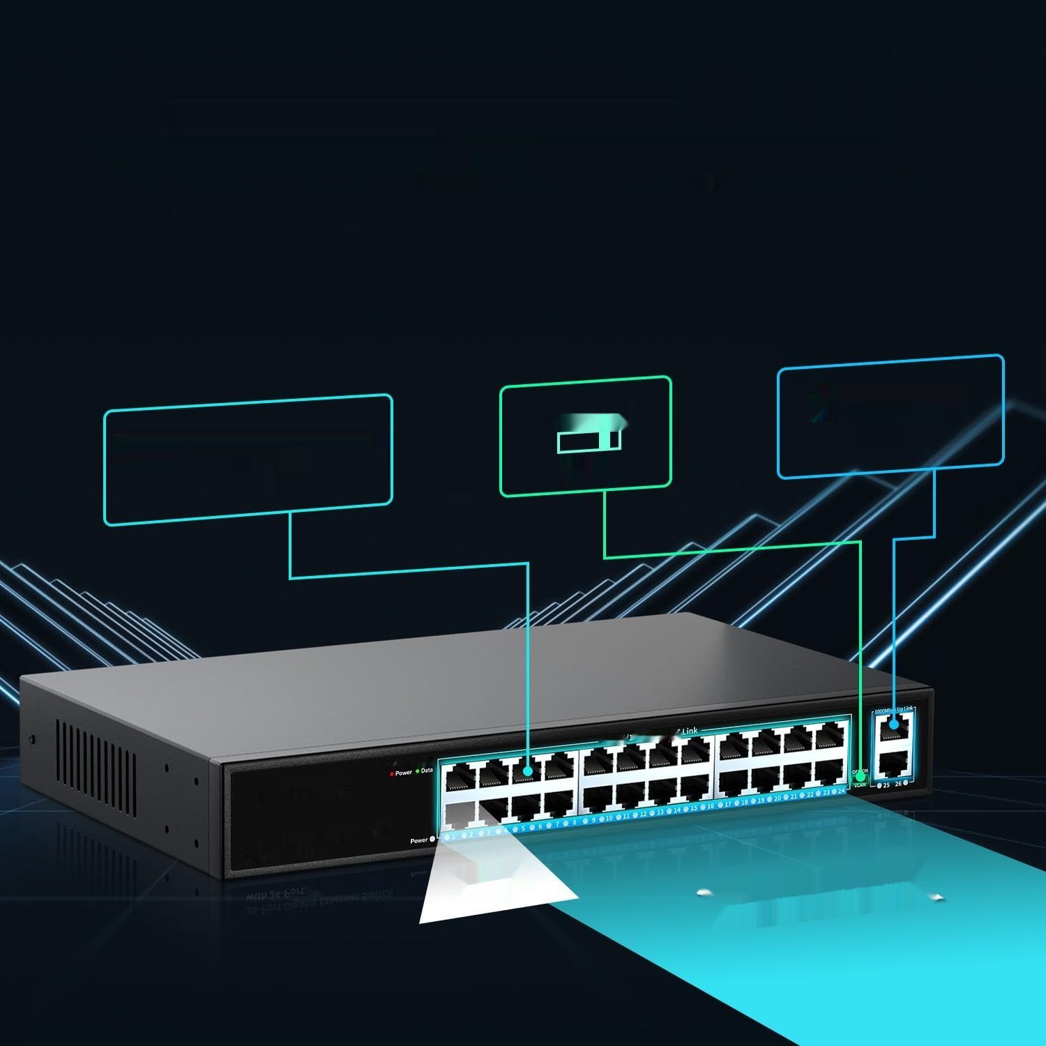 24-portowy NICGIGA przełącznik PoE, 24 PoE+320W, 2 Uplink, VLAN, 48,3cm