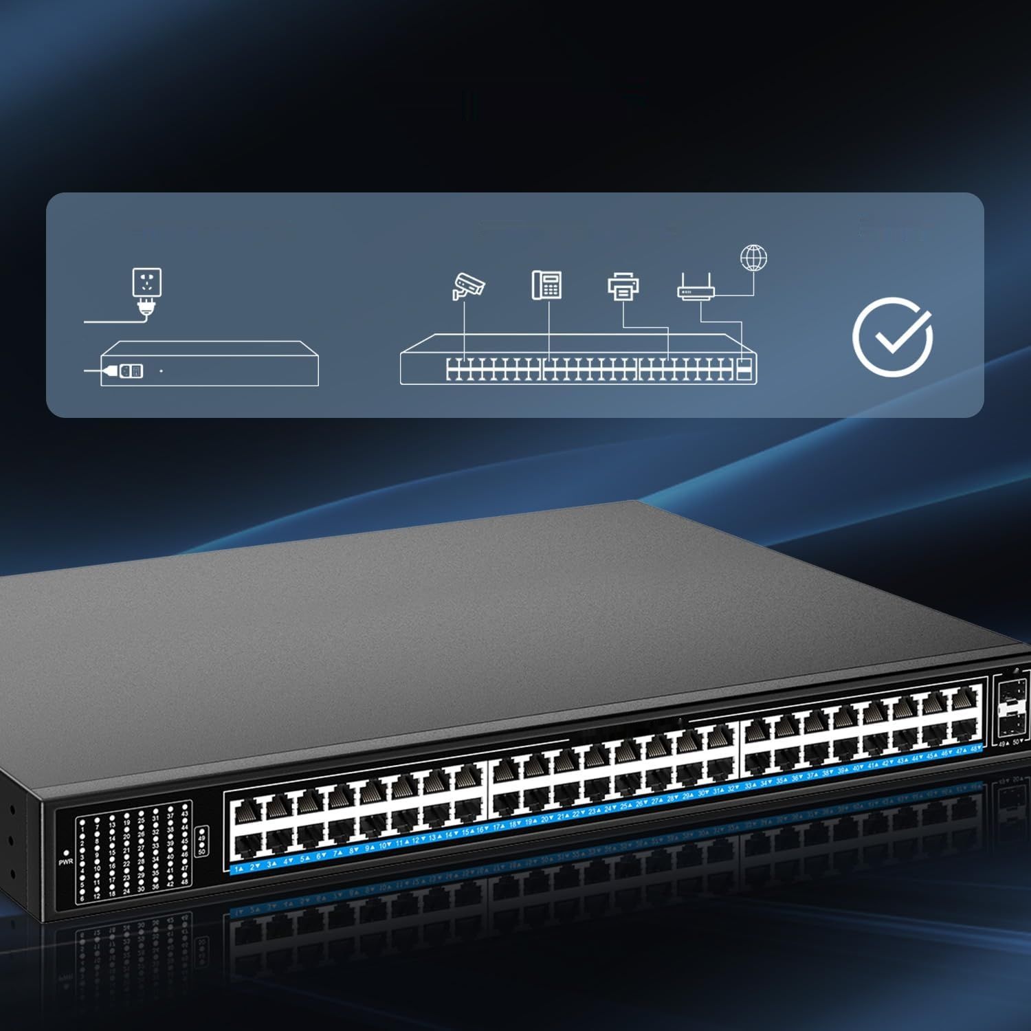 NICGIGA 48-portowy przełącznik Gigabit PoE+@400W, 2x1G SFP, montaż biurkowy/rackowy
