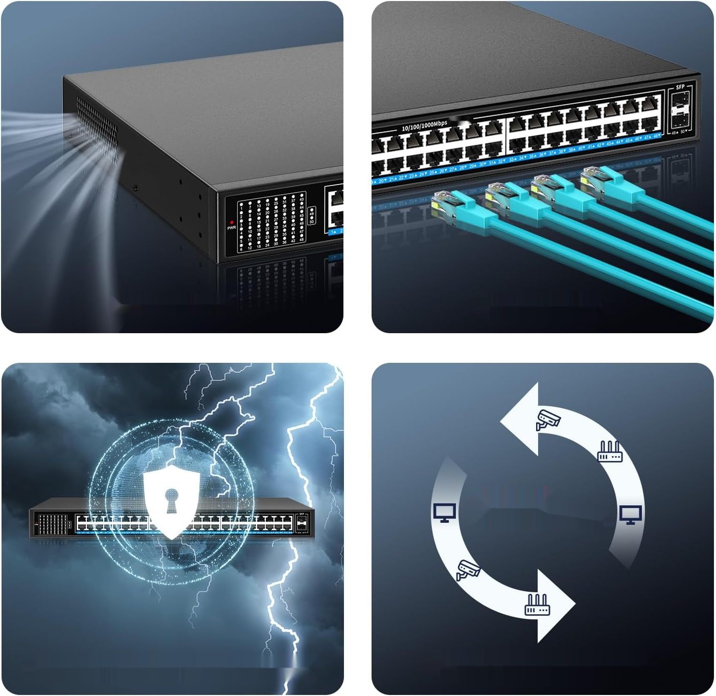 NICGIGA 48-portowy przełącznik Gigabit PoE+@400W, 2x1G SFP, montaż biurkowy/rackowy