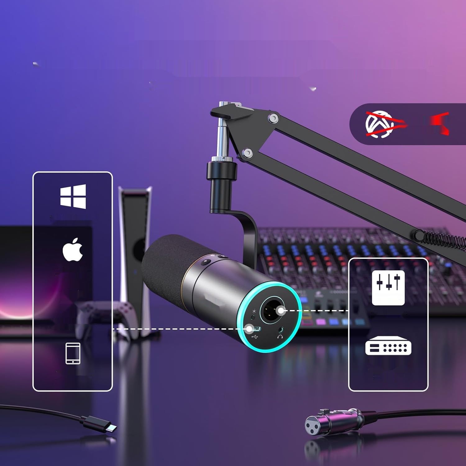 Mikrofon TONOR TD520S+ XLR/USB, do gier, RGB, wyciszenie, PC, PS4/5, Mac