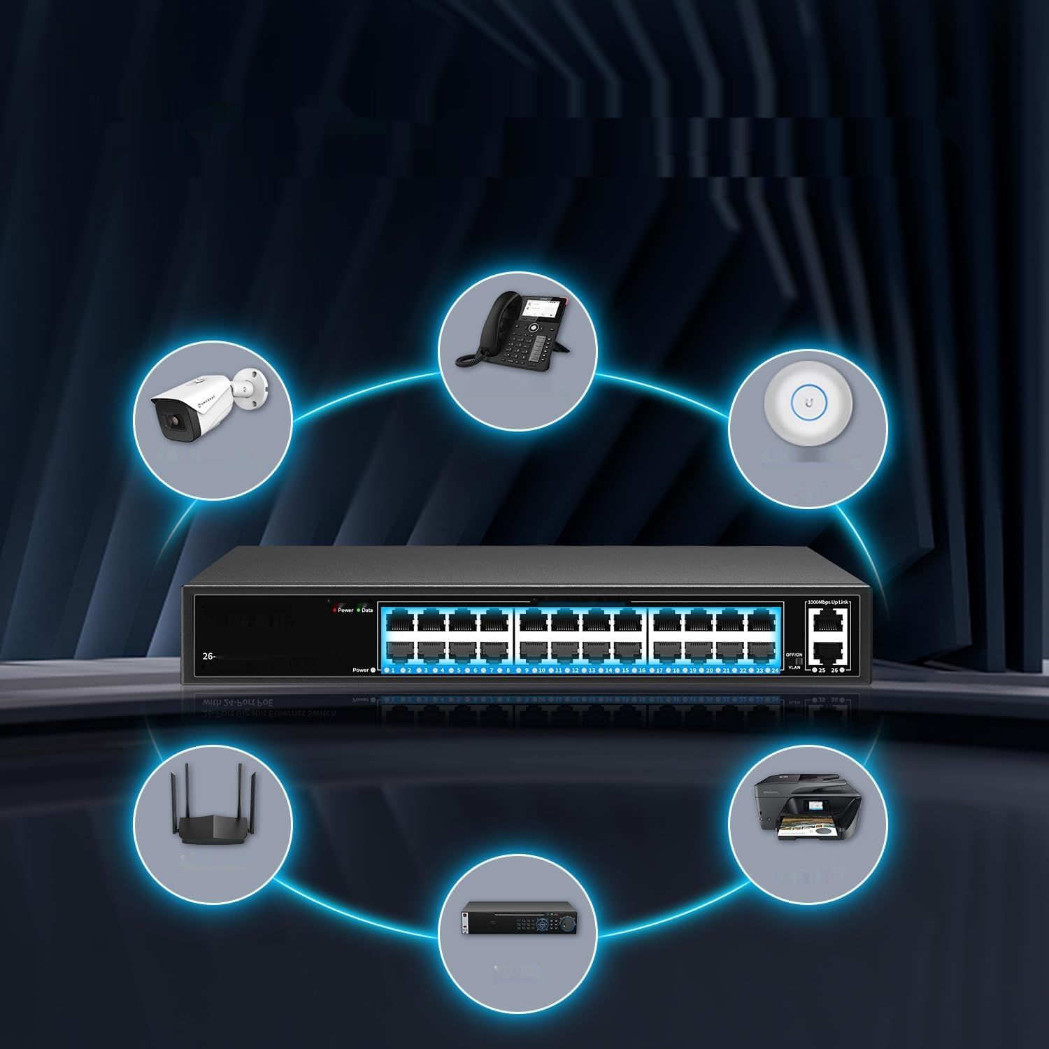 24-portowy NICGIGA przełącznik PoE, 24 PoE+320W, 2 Uplink, VLAN, 48,3cm