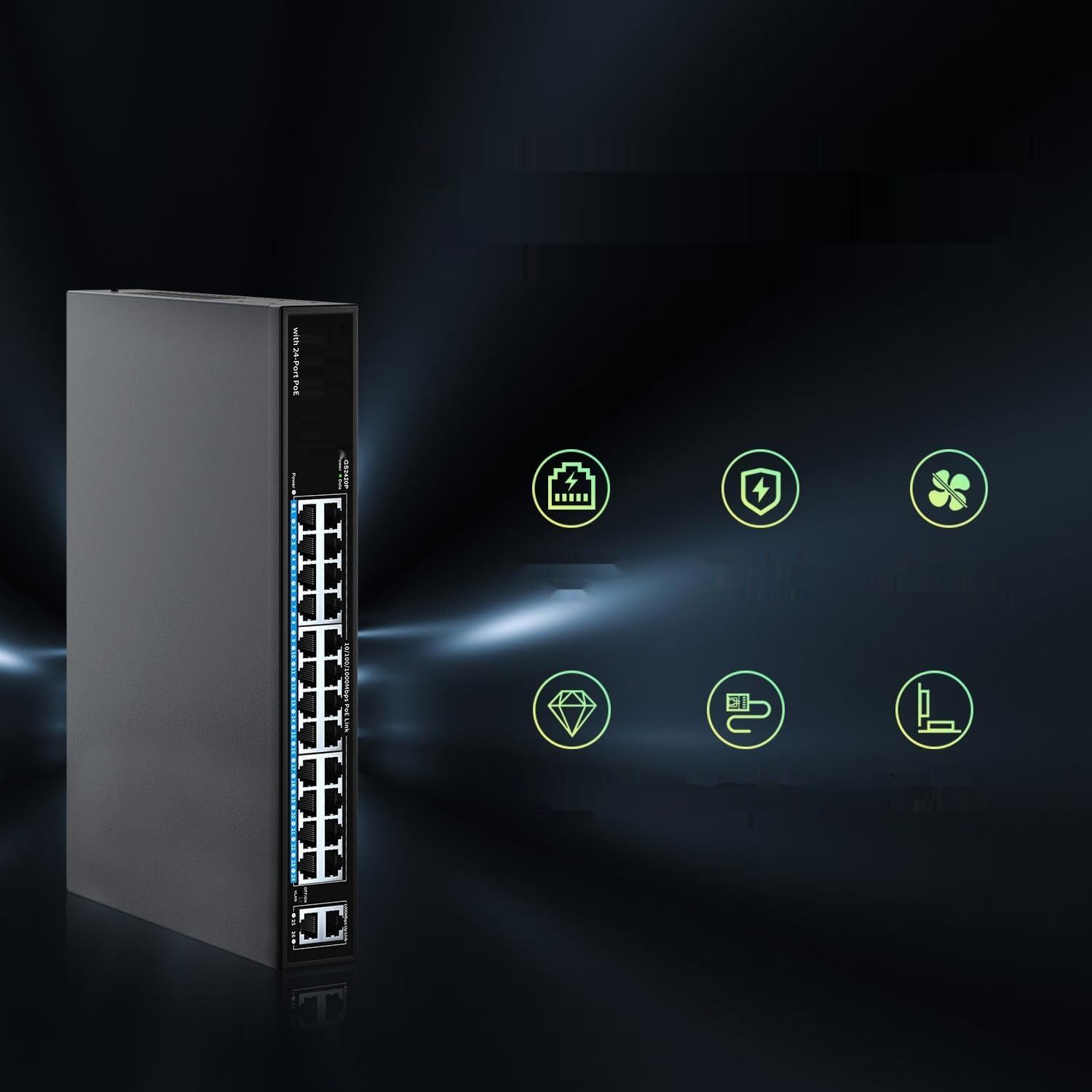 24-portowy NICGIGA przełącznik PoE, 24 PoE+320W, 2 Uplink, VLAN, 48,3cm