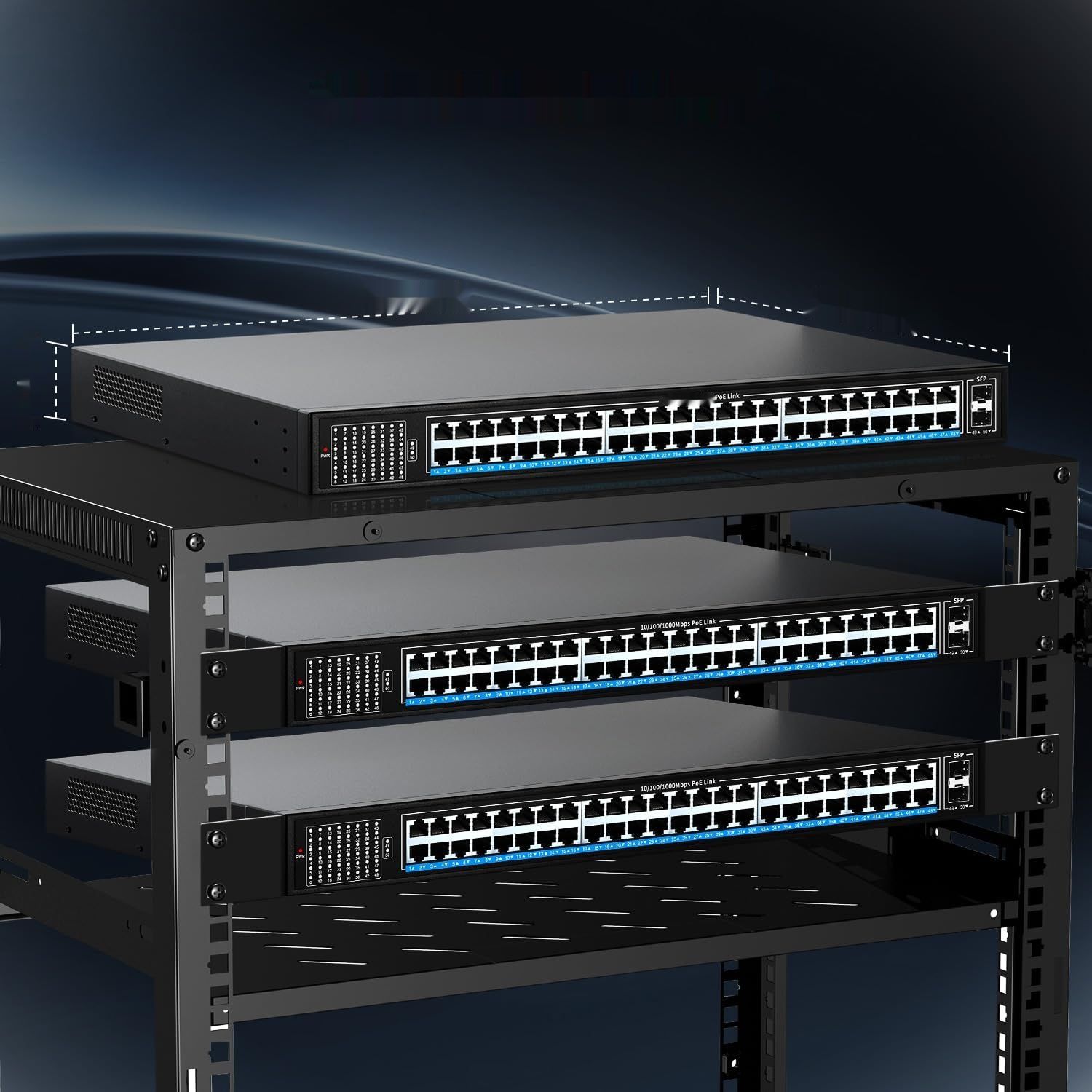 NICGIGA 48-portowy przełącznik Gigabit PoE+@400W, 2x1G SFP, montaż biurkowy/rackowy