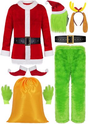 Mrsclaus Zielony Kostium Grinch Męski z Maską i Czapką na Halloween L