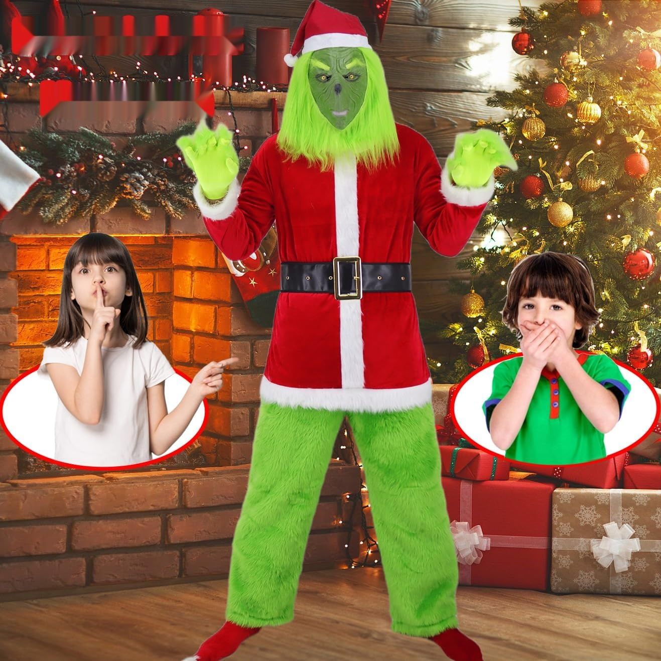 Mrsclaus Zielony Kostium Grinch Męski z Maską i Czapką na Halloween L