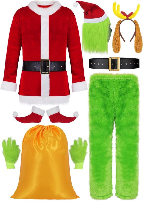 Mrsclaus kostium Grinch męski z maską, czapka Mikołaja, na Halloween S
