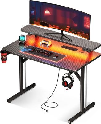 ODK Stół do Gier z LED, gniazdkami, półką na monitor, 50 cm, czarny