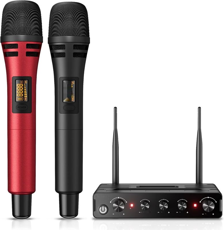 TONOR system mikrofonów TW350, czarno-czerwony, do karaoke i wesel.