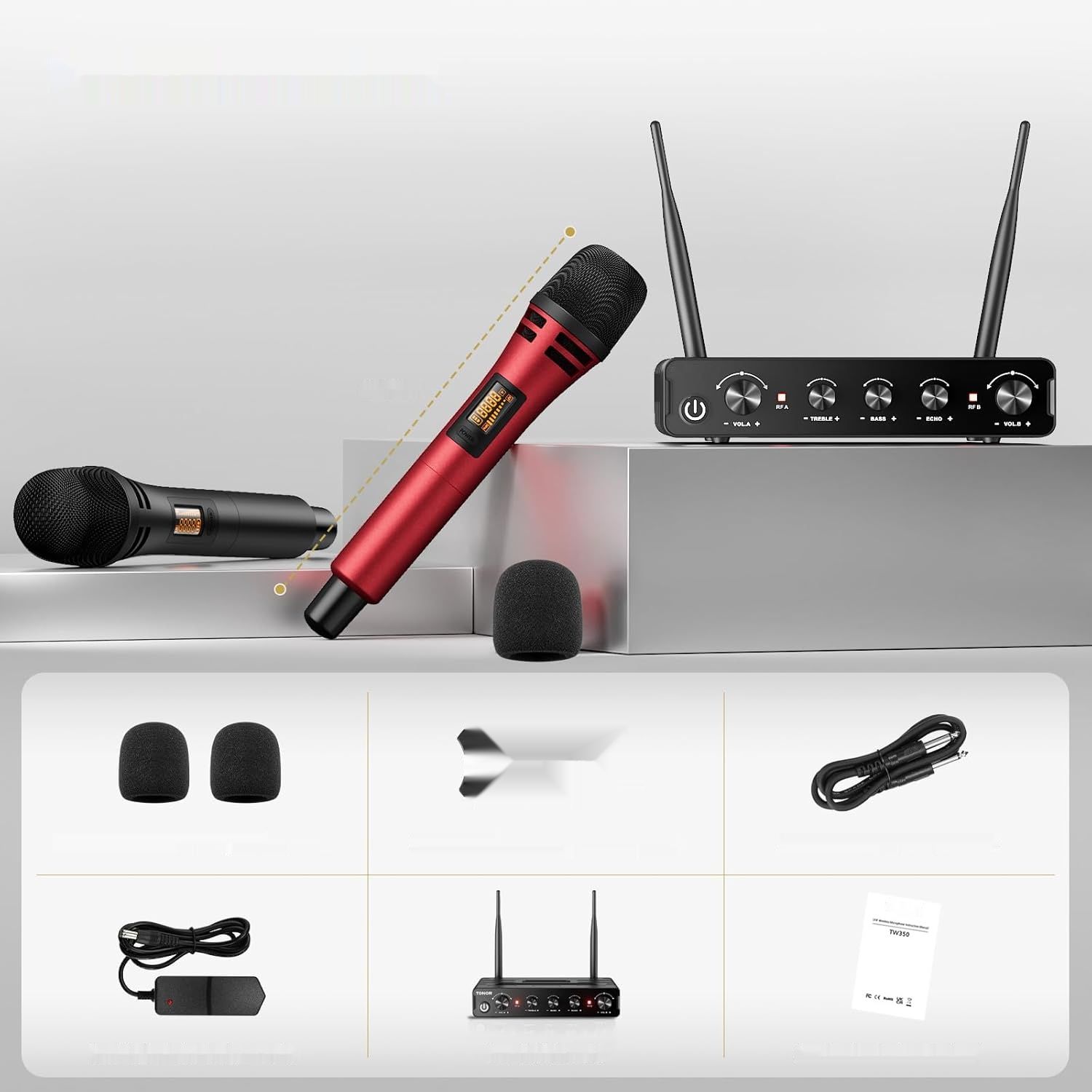 TONOR system mikrofonów TW350, czarno-czerwony, do karaoke i wesel.