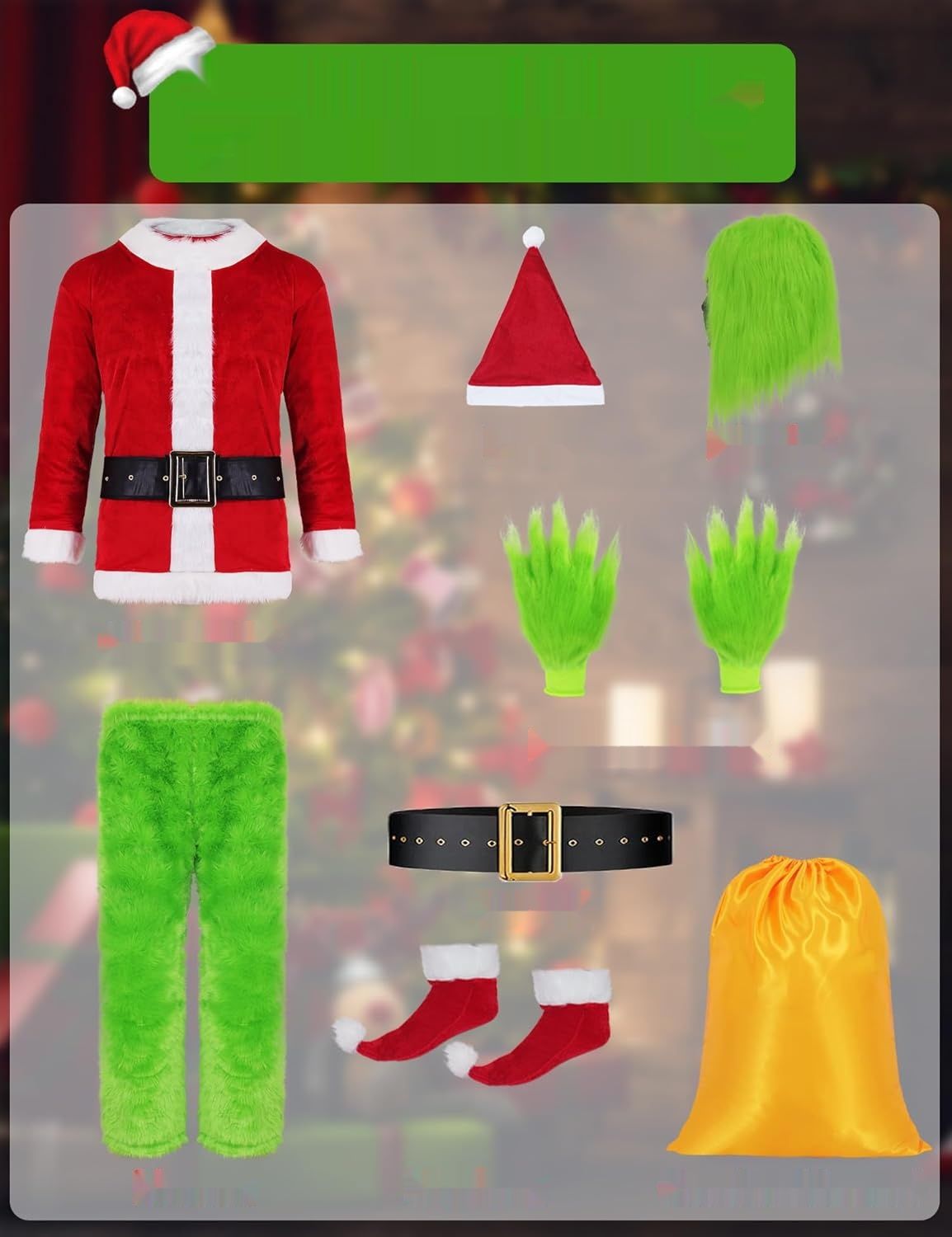 Miulruma Zielony kostium Grinch dla dorosłych mężczyzn i kobiet 3XL