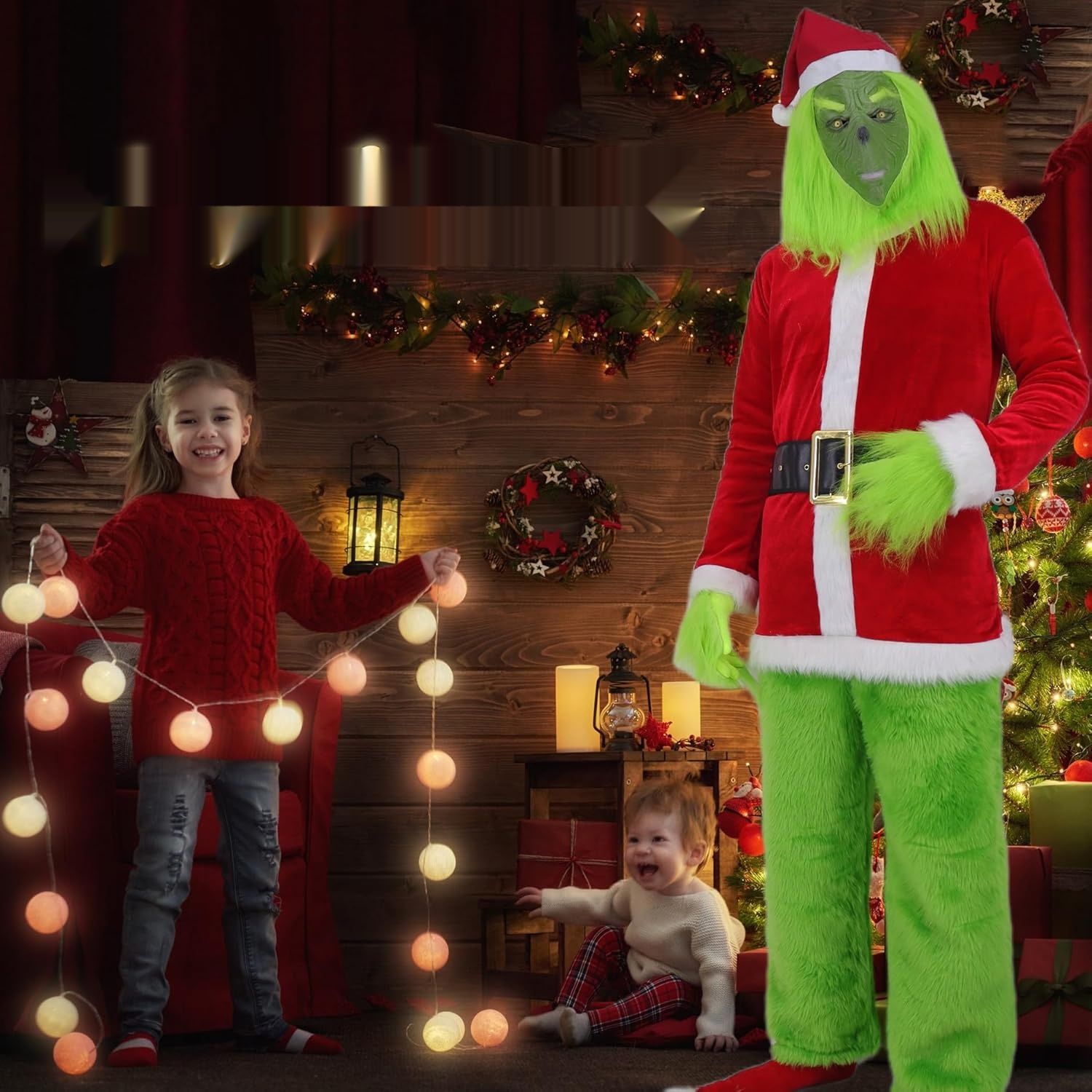 Mrsclaus kostium Grinch męski z maską, czapka Mikołaja, na Halloween S