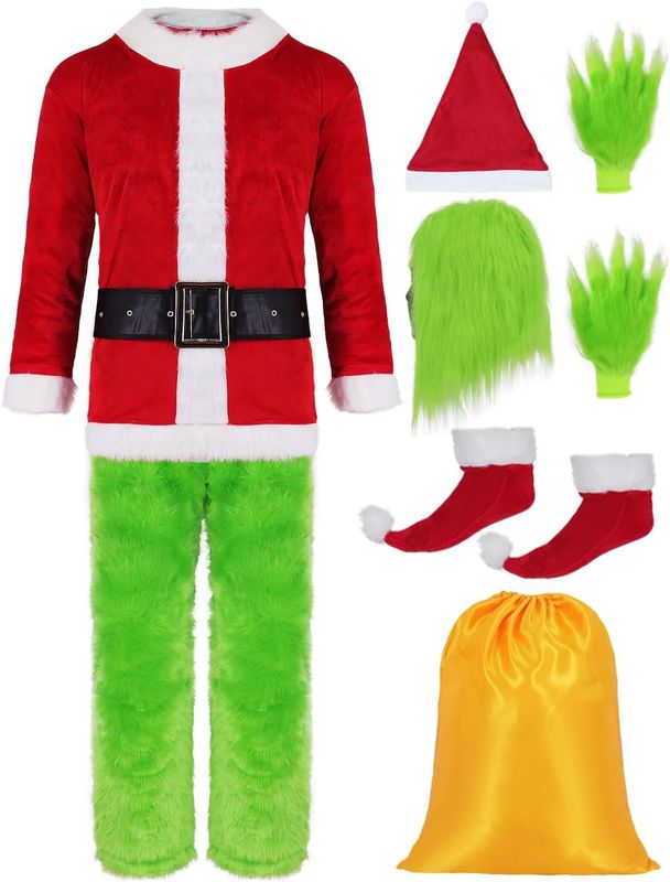 Miulruma Zielony kostium Grinch dla dorosłych mężczyzn i kobiet 3XL