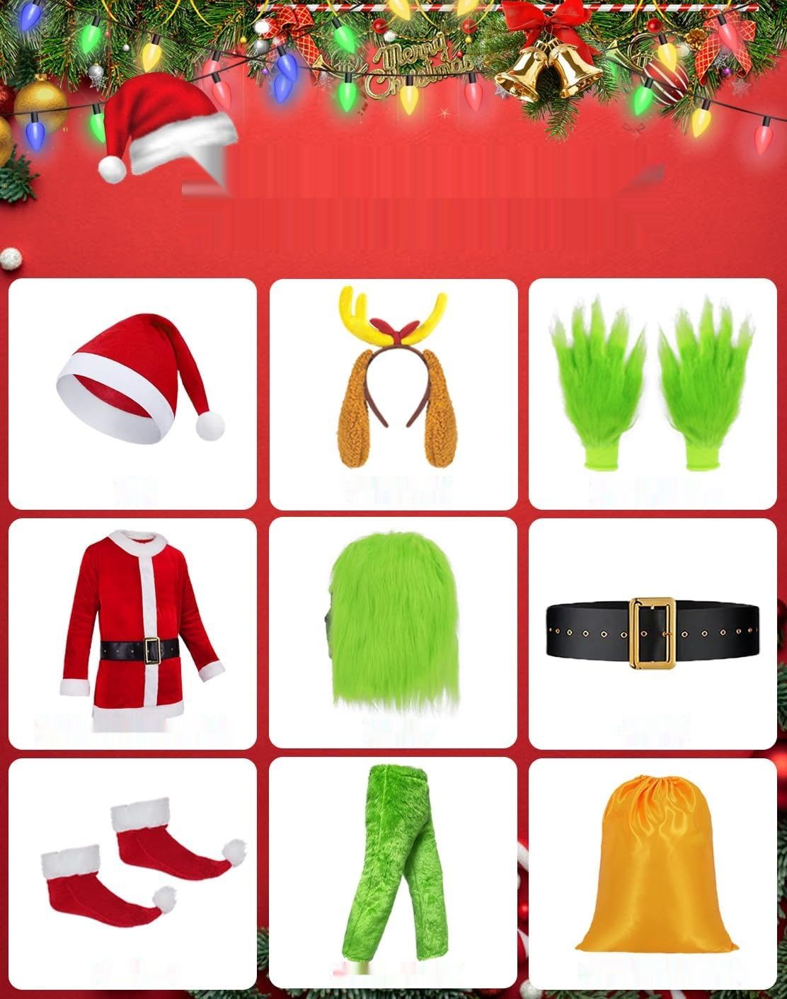 Mrsclaus kostium Grinch męski z maską, czapka Mikołaja, na Halloween S